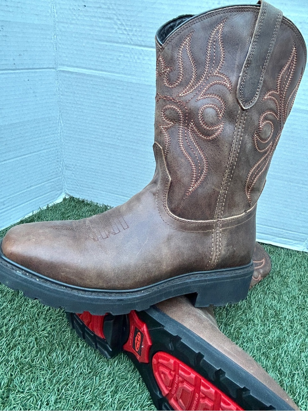 J.B. Dillon Brown Leather Men's Western Work Boots with Black Sole and Red Tread